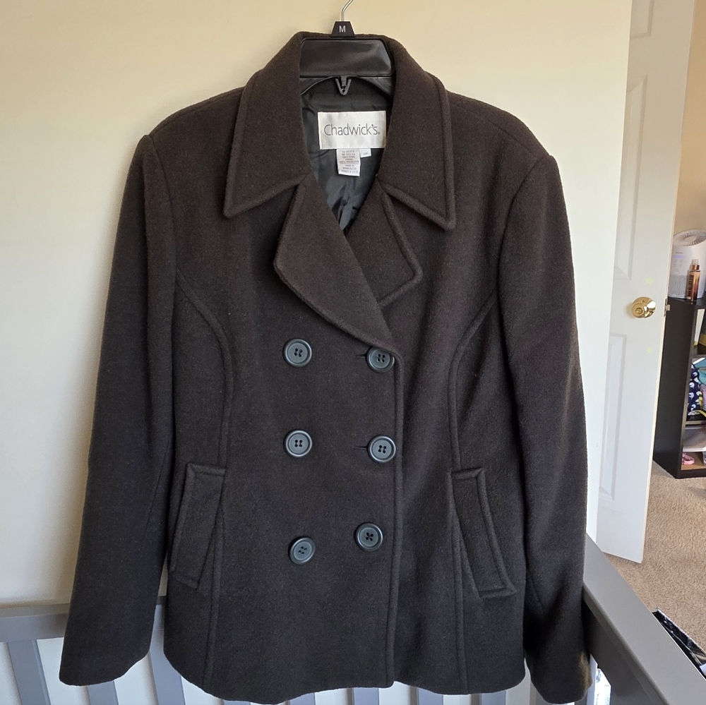 Chadwicks Women's Olive Green Wool Pea Coat Size 14P - It Is OLIVE GREEN